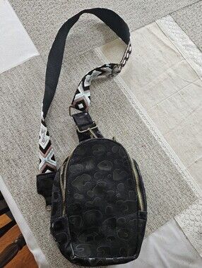 Black Patterned Crossbody Sling Bag with Geometric Strap